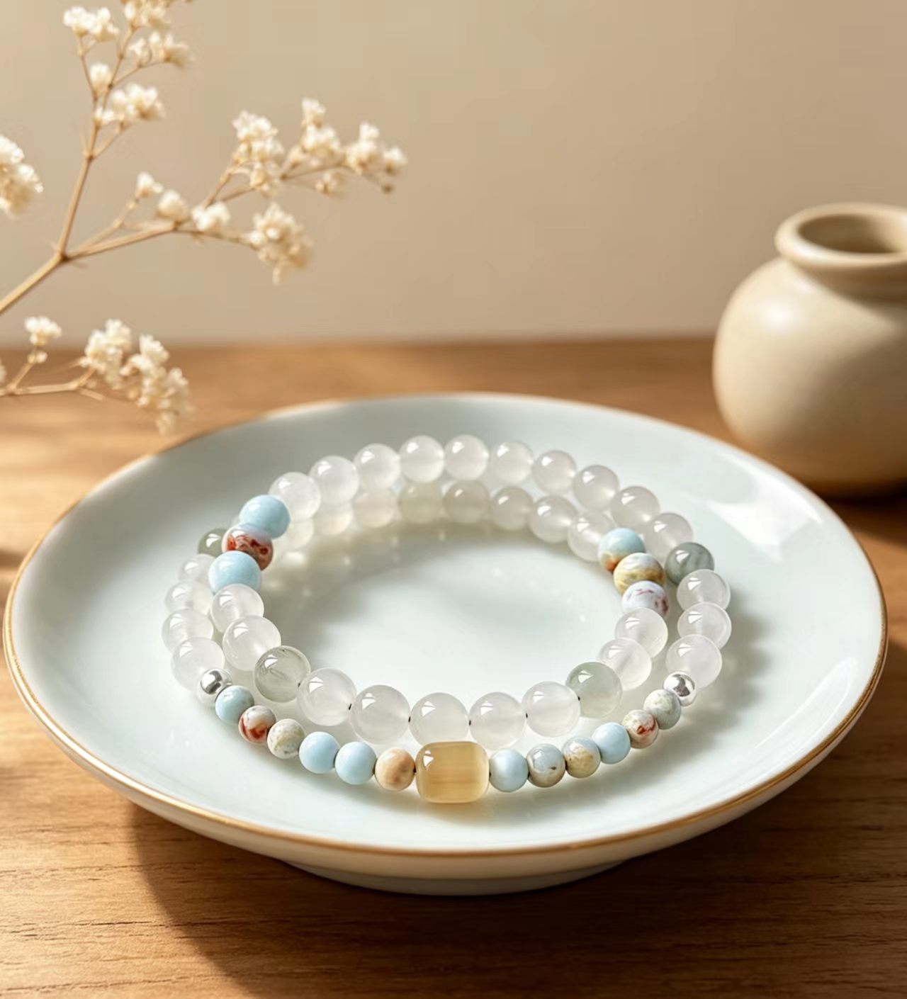 Delicate Chinese Style Crystal Beaded Bracelet Natural White Moonstone Aquamarine Shoushan Stone Healing BraceletMinimalist Layered Gemstone Bracelet for Women