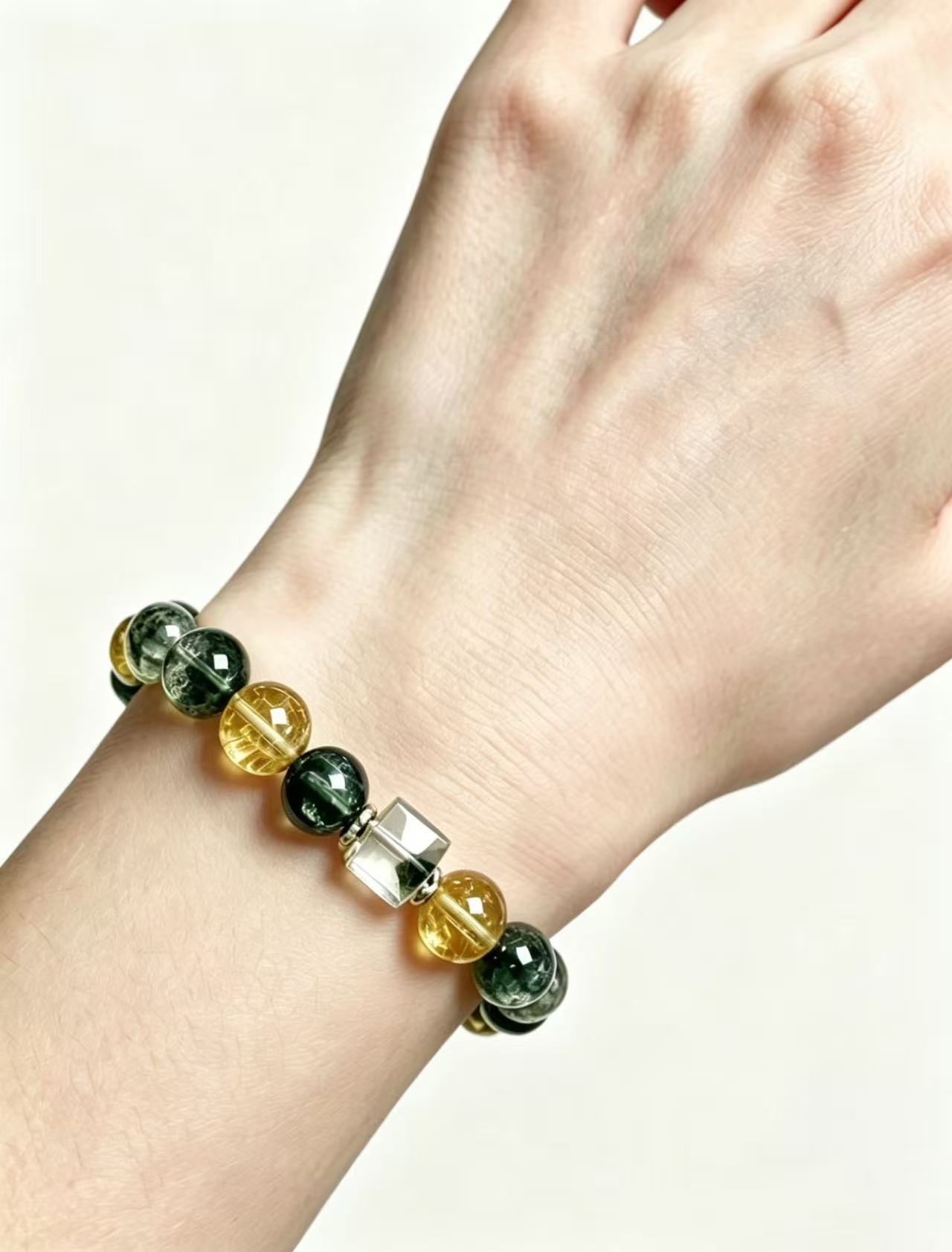 Green Phantom Quartz & Gold Rutilated Quartz Five Elements Bracelet Forest Treasure