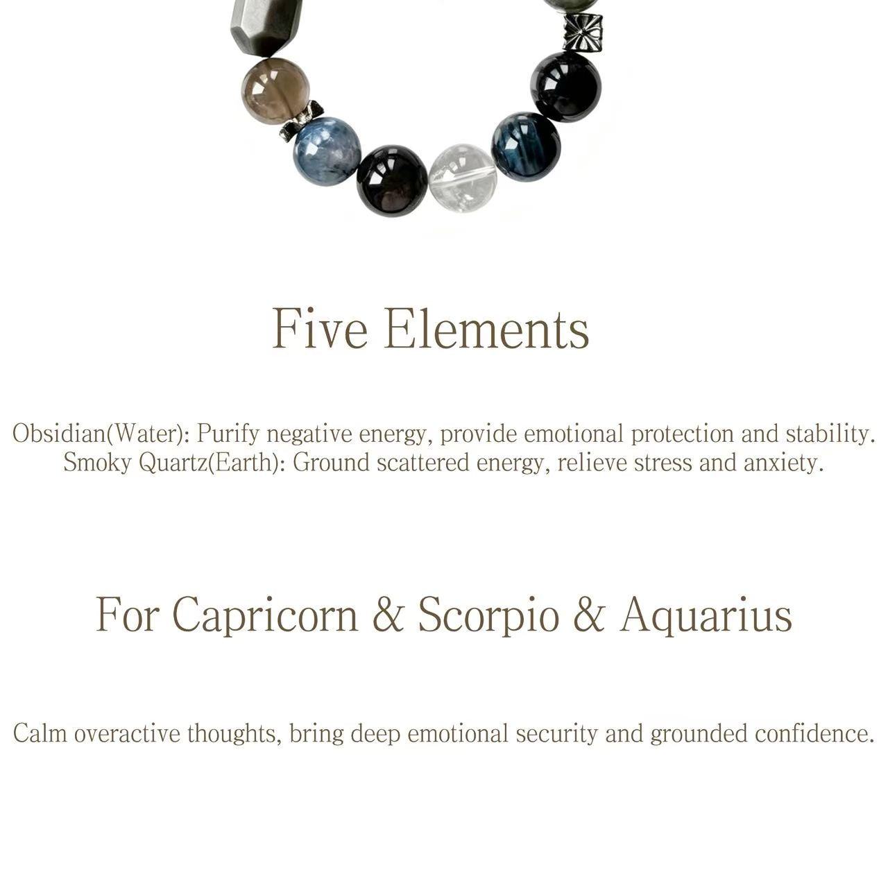 Obsidian & Smoky Quartz Five Elements Bracelet  Obsidian Night