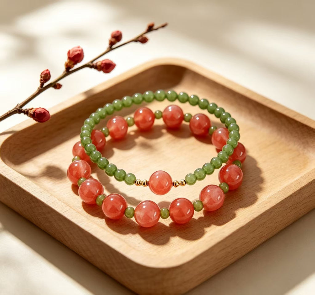 Double Layer Red Agate & Green Jade Bracelet Chinese Style Lucky Prosperity Natural Gemstone Beaded Bracelet For Women