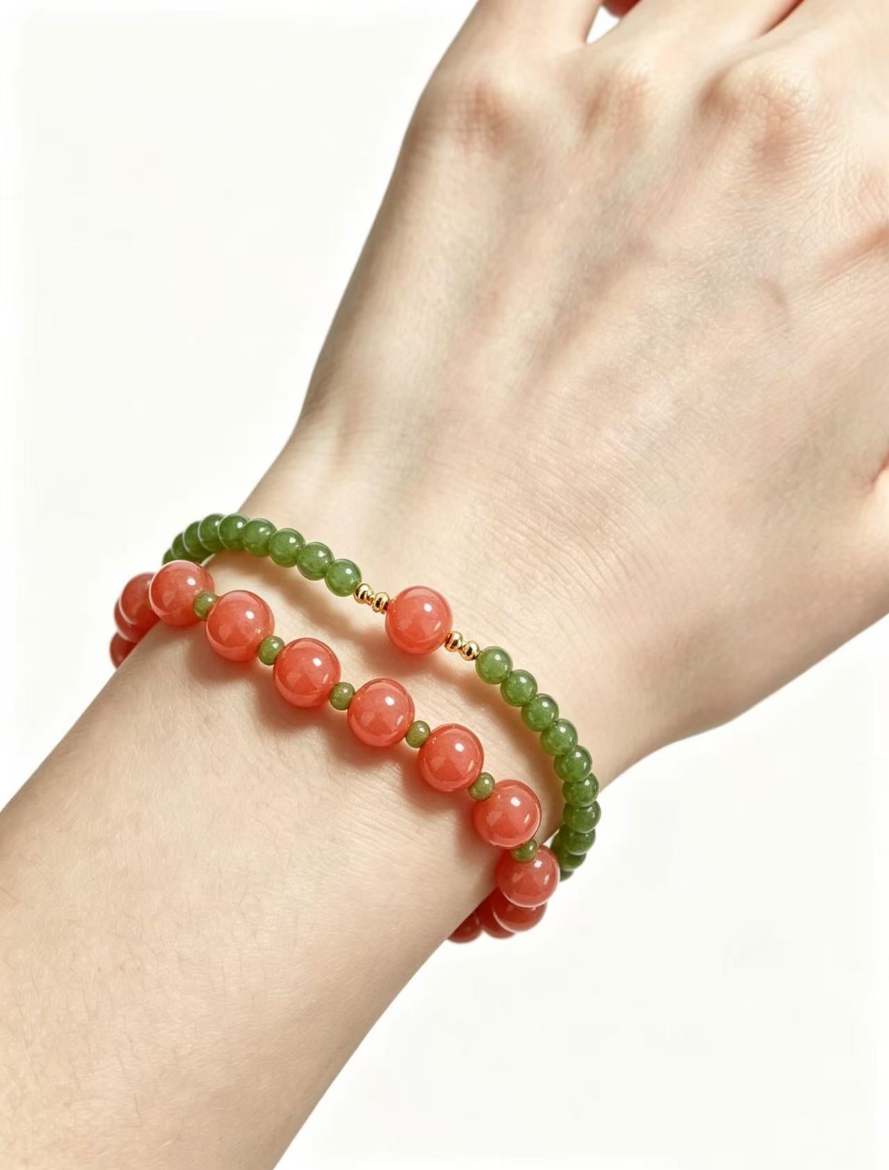 Double Layer Red Agate & Green Jade Bracelet Chinese Style Lucky Prosperity Natural Gemstone Beaded Bracelet For Women