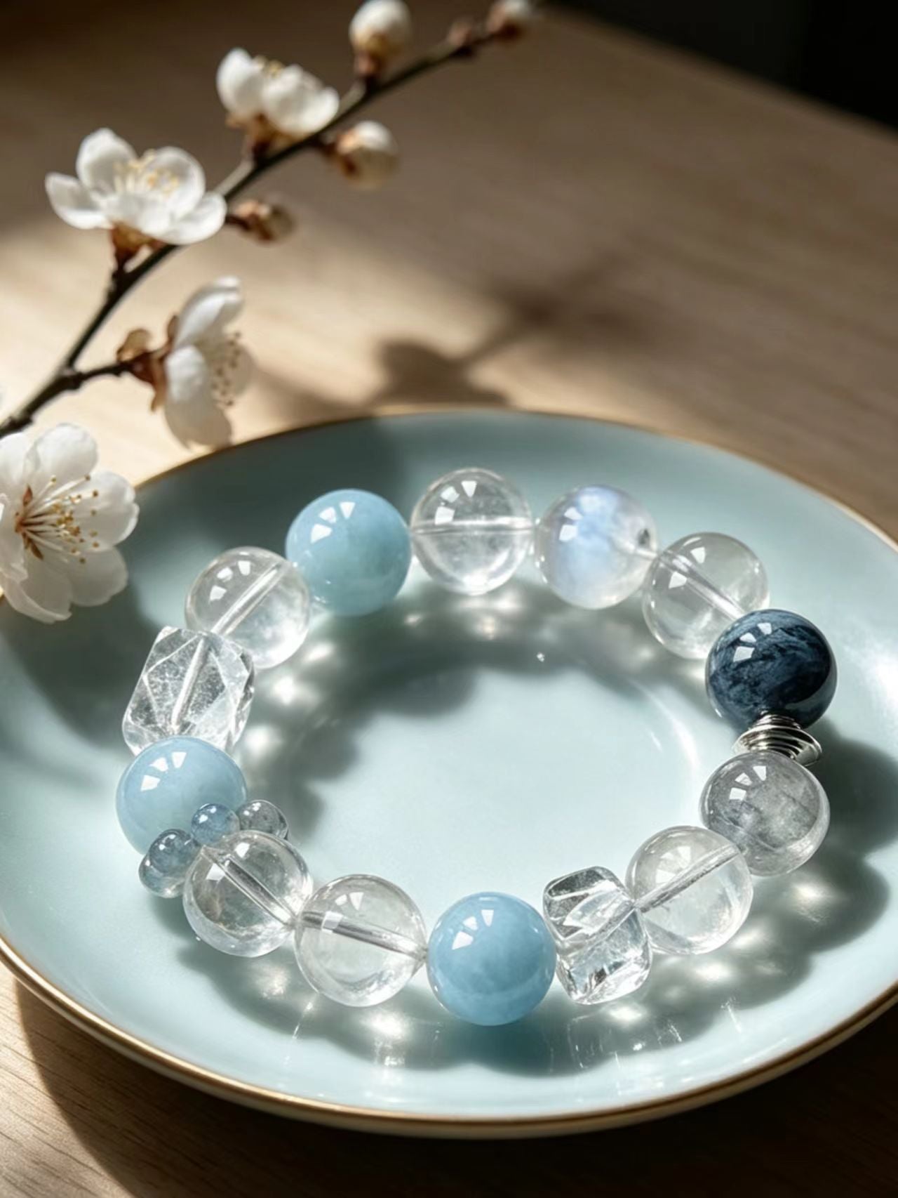 Minimalist Grey Blue Mixed Natural Crystal Bracelet Clear Quartz Aquamarine Moss Agate Moonstone Healing Energy Unisex Beaded Bracelet
