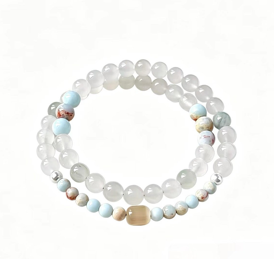Delicate Chinese Style Crystal Beaded Bracelet Natural White Moonstone Aquamarine Shoushan Stone Healing BraceletMinimalist Layered Gemstone Bracelet for Women